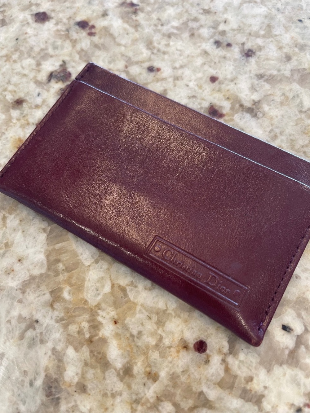 Vintage Christian Dior Card Holder Burgundy Leather Lightweight Logo Stamp